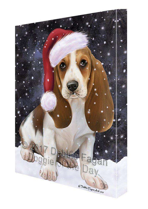 Let it Snow Christmas Holiday Basset Hounds Dog Wearing Santa Hat Canvas Wall Art