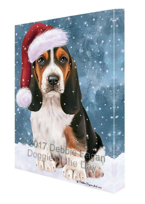 Let it Snow Christmas Holiday Basset Hounds Dog Wearing Santa Hat Canvas Wall Art