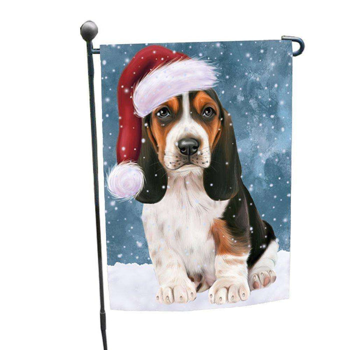 Let it Snow Christmas Holiday Basset Hounds Dog Wearing Santa Hat Garden Flag