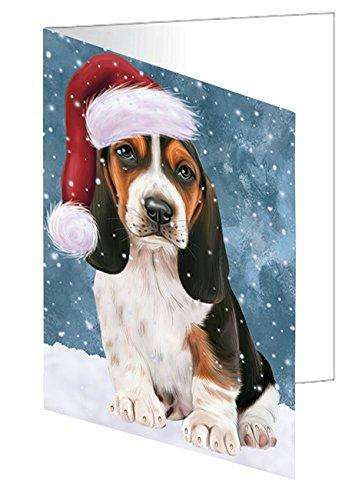 Let it Snow Christmas Holiday Basset Hounds Dog Wearing Santa Hat Handmade Artwork Assorted Pets Greeting Cards and Note Cards with Envelopes for All Occasions and Holiday Seasons