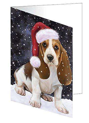 Let it Snow Christmas Holiday Basset Hounds Dog Wearing Santa Hat Handmade Artwork Assorted Pets Greeting Cards and Note Cards with Envelopes for All Occasions and Holiday Seasons