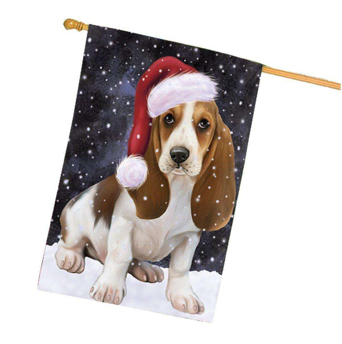 Let it Snow Christmas Holiday Basset Hounds Dog Wearing Santa Hat House Flag