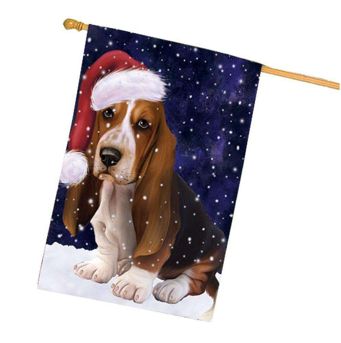 Let it Snow Christmas Holiday Basset Hounds Dog Wearing Santa Hat House Flag