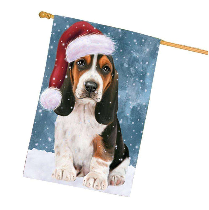 Let it Snow Christmas Holiday Basset Hounds Dog Wearing Santa Hat House Flag