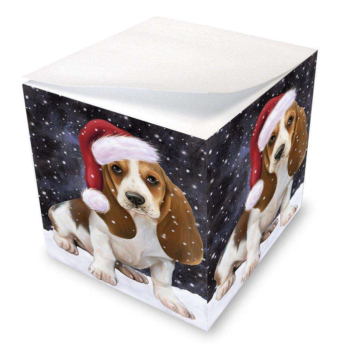 Let it Snow Christmas Holiday Basset Hounds Dog Wearing Santa Hat Note Cube D287