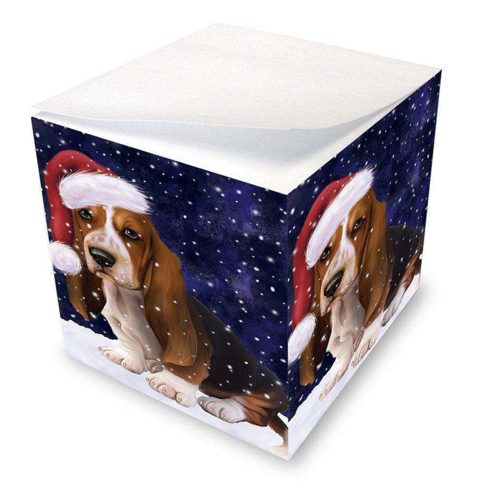 Let it Snow Christmas Holiday Basset Hounds Dog Wearing Santa Hat Note Cube D288