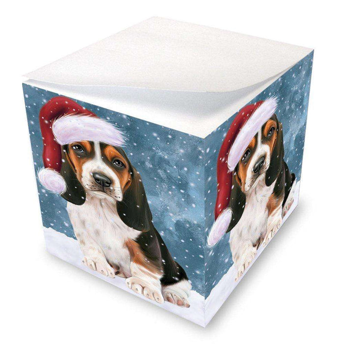 Let it Snow Christmas Holiday Basset Hounds Dog Wearing Santa Hat Note Cube D289