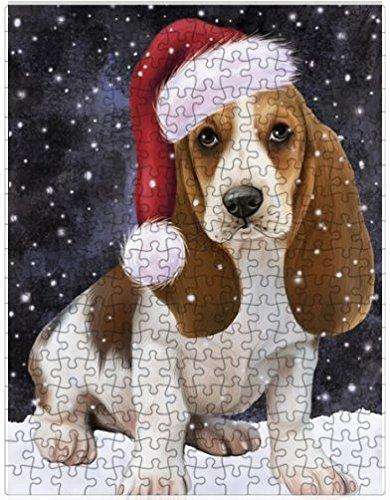 Let it Snow Christmas Holiday Basset Hounds Dog Wearing Santa Hat Puzzle with Photo Tin D345
