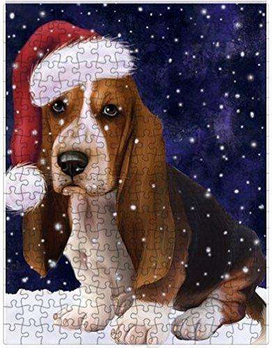 Let it Snow Christmas Holiday Basset Hounds Dog Wearing Santa Hat Puzzle with Photo Tin D346