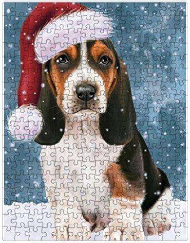 Let it Snow Christmas Holiday Basset Hounds Dog Wearing Santa Hat Puzzle with Photo Tin D347