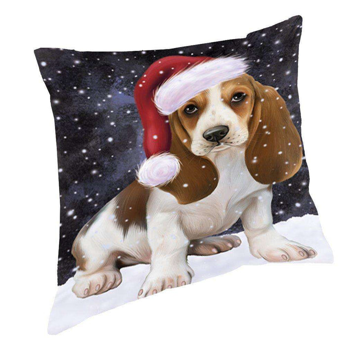 Let it Snow Christmas Holiday Basset Hounds Dog Wearing Santa Hat Throw Pillow