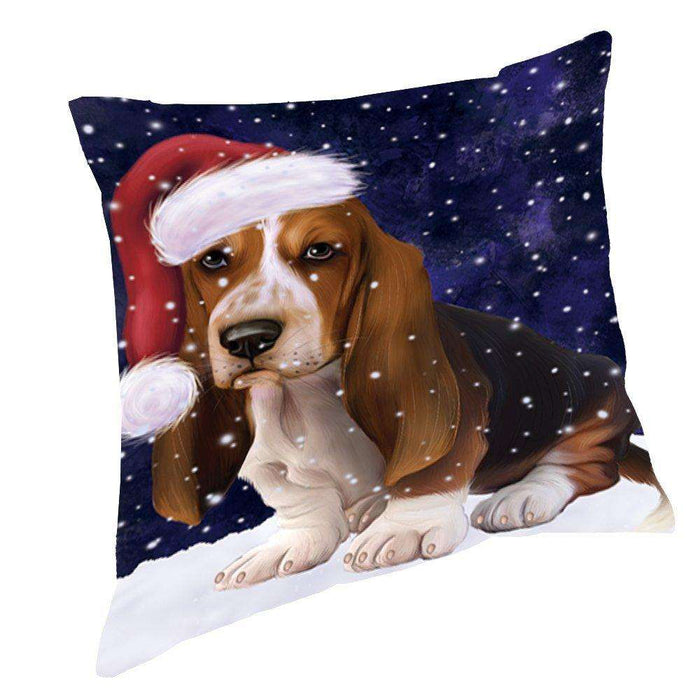 Let it Snow Christmas Holiday Basset Hounds Dog Wearing Santa Hat Throw Pillow