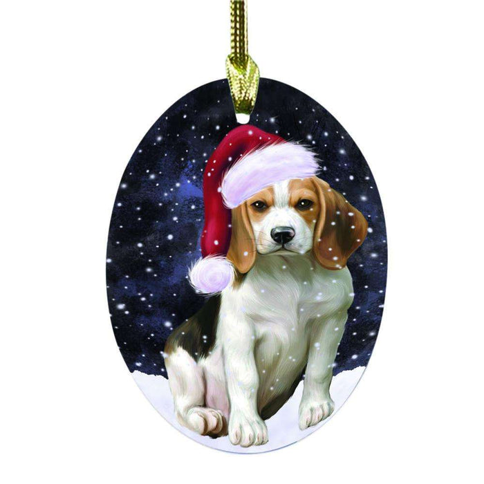 Let it Snow Christmas Holiday Beagle Dog Oval Glass Christmas Ornament OGOR48431