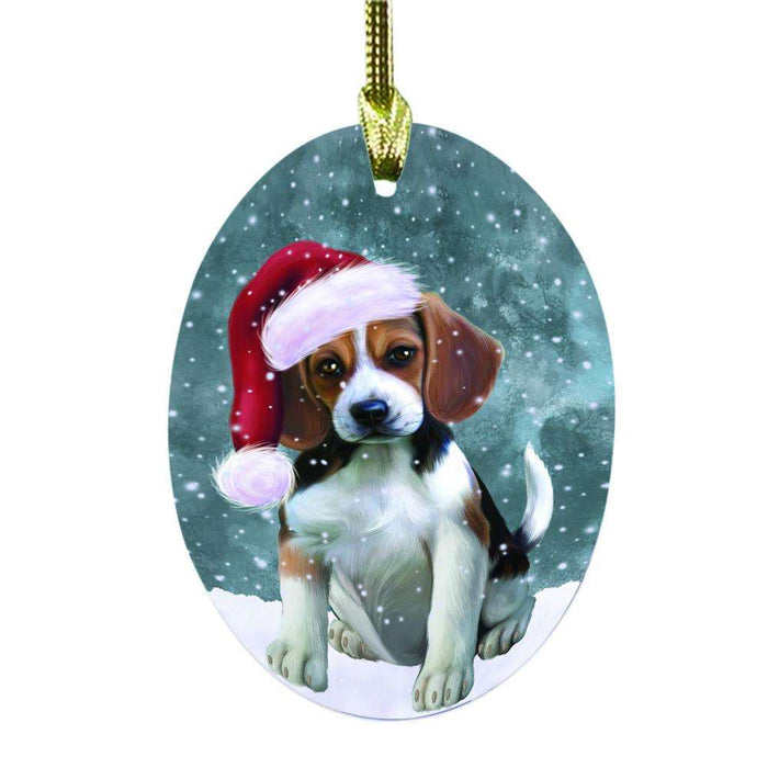Let it Snow Christmas Holiday Beagle Dog Oval Glass Christmas Ornament OGOR48433