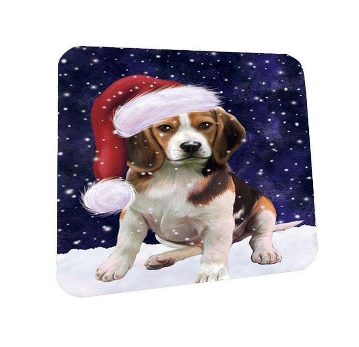 Let it Snow Christmas Holiday Beagles Dog Wearing Santa Hat Coasters Set of 4