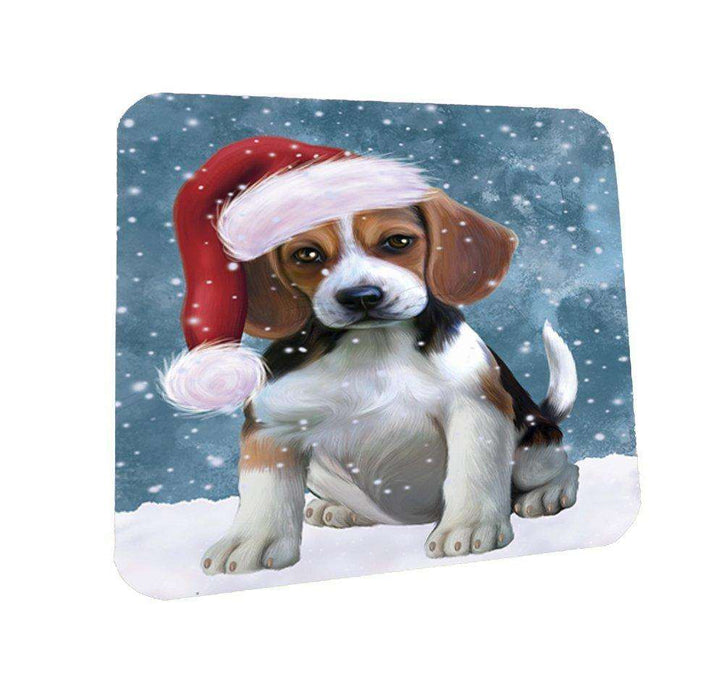 Let it Snow Christmas Holiday Beagles Dog Wearing Santa Hat Coasters Set of 4