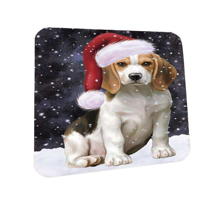 Let it Snow Christmas Holiday Beagles Dog Wearing Santa Hat Coasters Set of 4