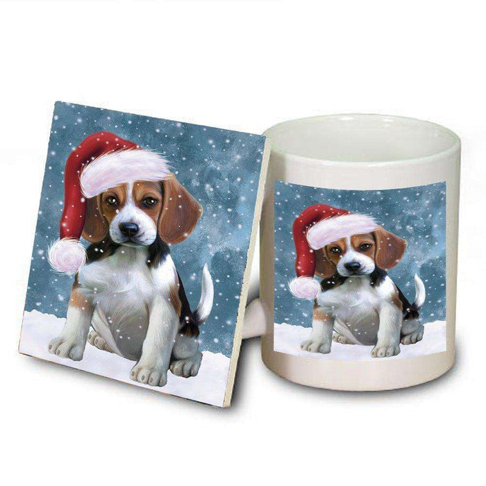 Let it Snow Christmas Holiday Beagles Dog Wearing Santa Hat Mug and Coaster Set