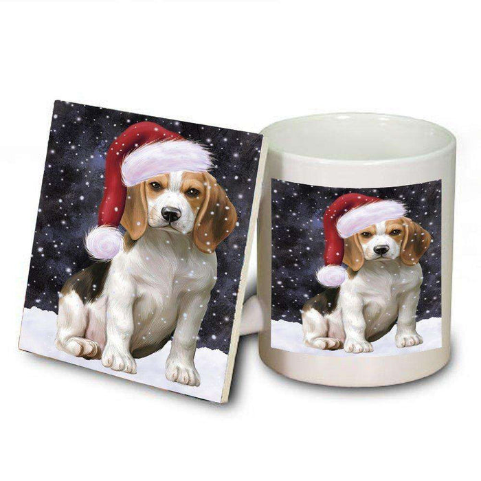 Let it Snow Christmas Holiday Beagles Dog Wearing Santa Hat Mug and Coaster Set
