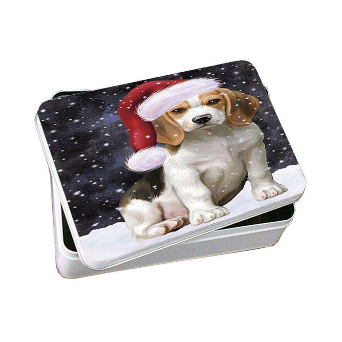 Let it Snow Christmas Holiday Beagles Dog Wearing Santa Hat Photo Storage Tin