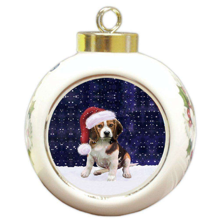 Let it Snow Christmas Holiday Beagles Dog Wearing Santa Hat Round Ball Ornament