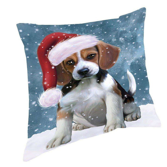 Let it Snow Christmas Holiday Beagles Dog Wearing Santa Hat Throw Pillow