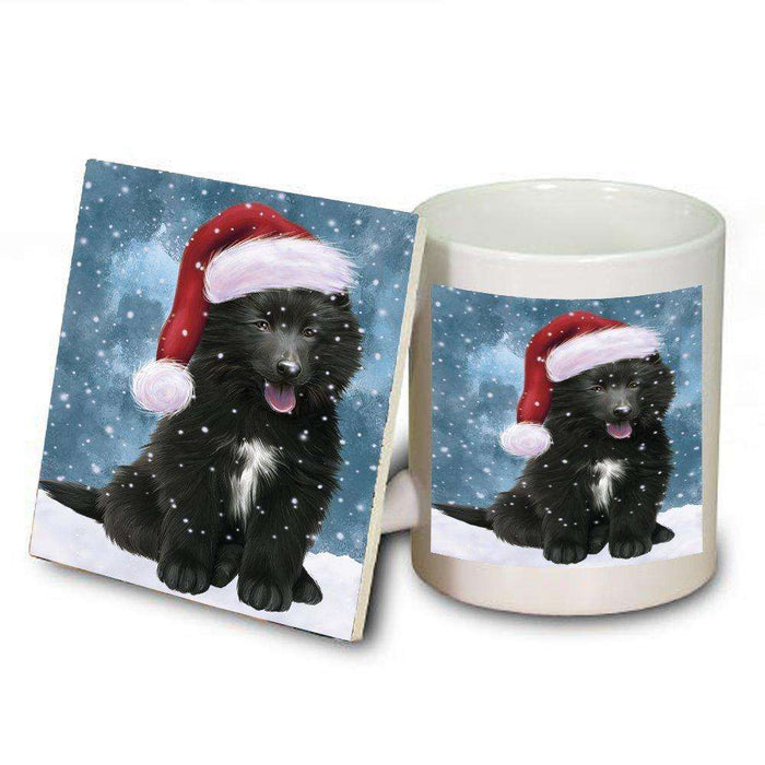 Let it Snow Christmas Holiday Belgian Shepherds Dog Wearing Santa Hat Mug and Coaster Set