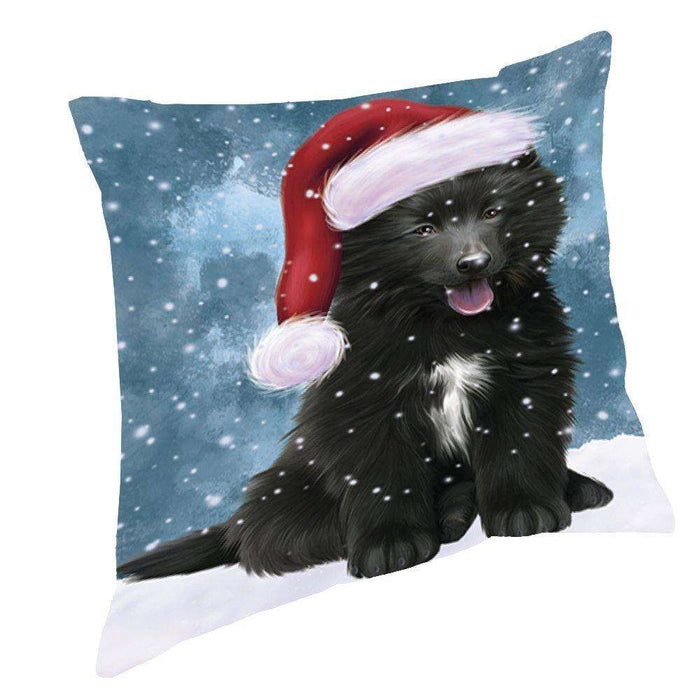 Let it Snow Christmas Holiday Belgian Shepherds Dog Wearing Santa Hat Throw Pillow