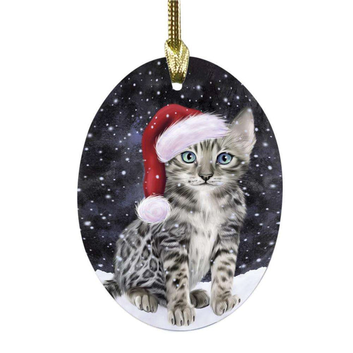 Let it Snow Christmas Holiday Bengal Cat Oval Glass Christmas Ornament OGOR48918
