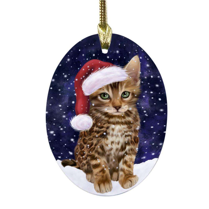 Let it Snow Christmas Holiday Bengal Cat Oval Glass Christmas Ornament OGOR48919