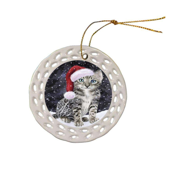 Let it Snow Christmas Holiday Bengal Cat Wearing Santa Hat Ceramic Doily Ornament DPOR54277