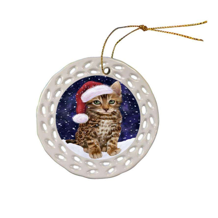 Let it Snow Christmas Holiday Bengal Cat Wearing Santa Hat Ceramic Doily Ornament DPOR54278
