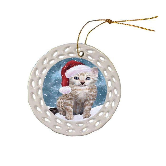 Let it Snow Christmas Holiday Bengal Cat Wearing Santa Hat Ceramic Doily Ornament DPOR54279