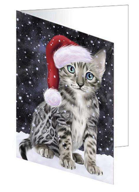 Let it Snow Christmas Holiday Bengal Cat Wearing Santa Hat Handmade Artwork Assorted Pets Greeting Cards and Note Cards with Envelopes for All Occasions and Holiday Seasons GCD66860