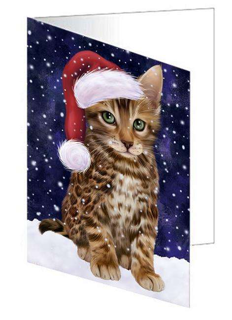 Let it Snow Christmas Holiday Bengal Cat Wearing Santa Hat Handmade Artwork Assorted Pets Greeting Cards and Note Cards with Envelopes for All Occasions and Holiday Seasons GCD66863