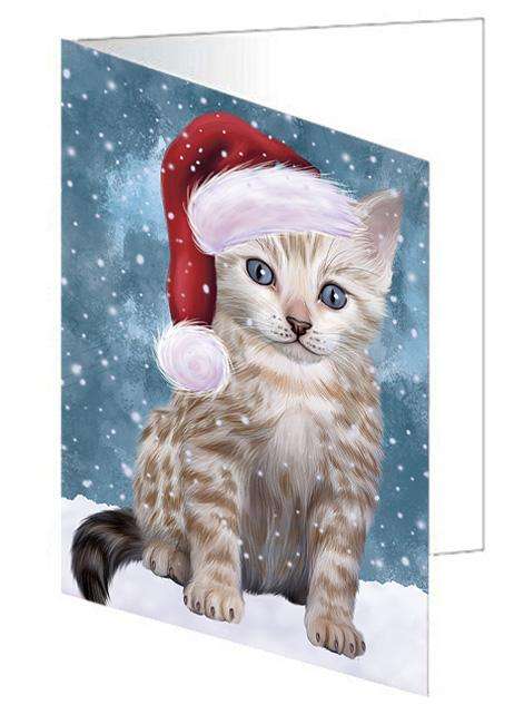 Let it Snow Christmas Holiday Bengal Cat Wearing Santa Hat Handmade Artwork Assorted Pets Greeting Cards and Note Cards with Envelopes for All Occasions and Holiday Seasons GCD66866