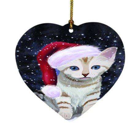 Let it Snow Christmas Holiday Bengal Cat Wearing Santa Hat Heart Ornament D310