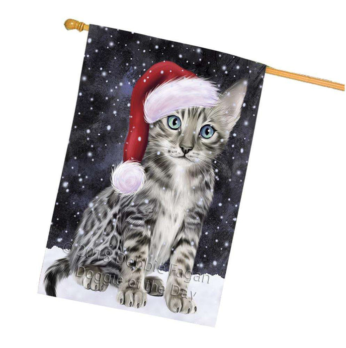 Let it Snow Christmas Holiday Bengal Cat Wearing Santa Hat House Flag FLG54475