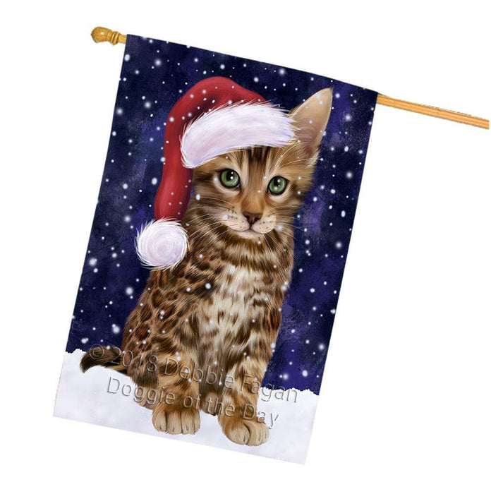 Let it Snow Christmas Holiday Bengal Cat Wearing Santa Hat House Flag FLG54476