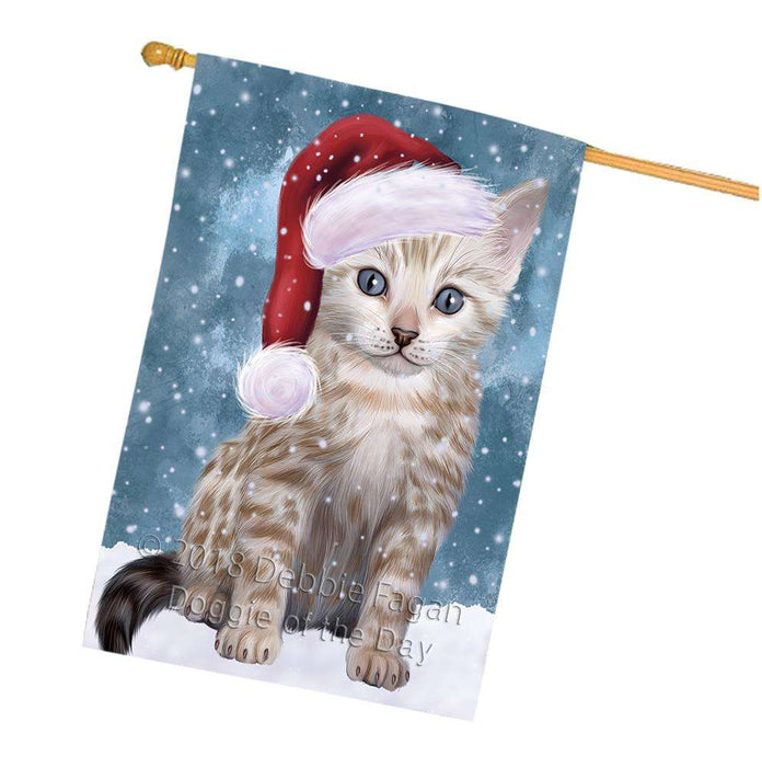 Let it Snow Christmas Holiday Bengal Cat Wearing Santa Hat House Flag FLG54477