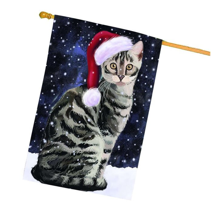 Let it Snow Christmas Holiday Bengal Cat Wearing Santa Hat House Flag