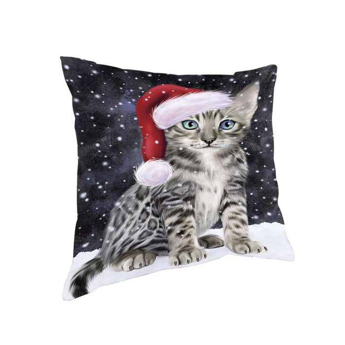 Let it Snow Christmas Holiday Bengal Cat Wearing Santa Hat Pillow PIL73732