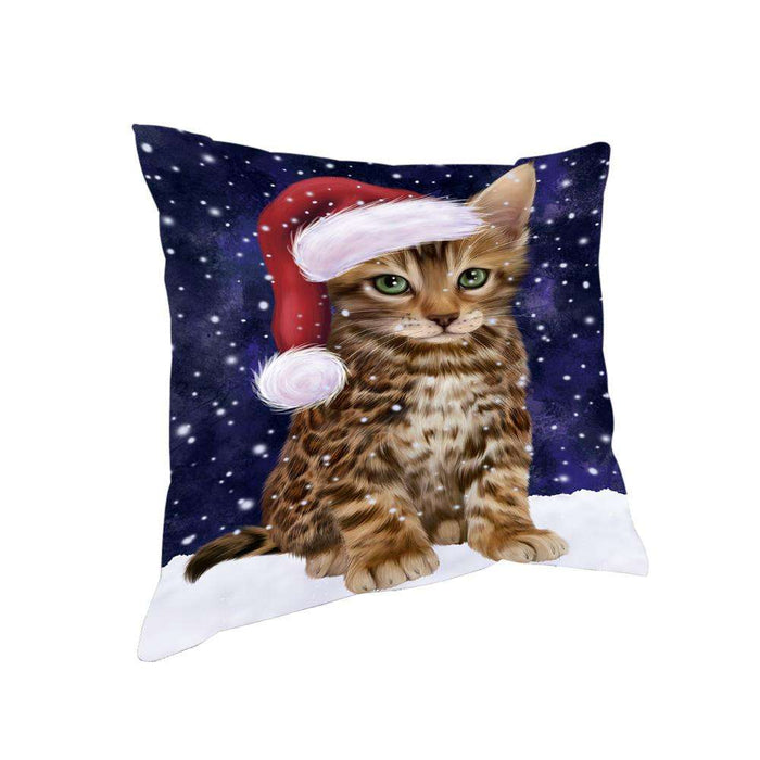 Let it Snow Christmas Holiday Bengal Cat Wearing Santa Hat Pillow PIL73736