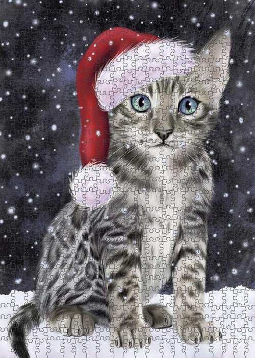 Let it Snow Christmas Holiday Bengal Cat Wearing Santa Hat Puzzle with Photo Tin PUZL84264