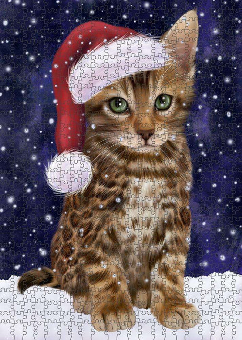 Let it Snow Christmas Holiday Bengal Cat Wearing Santa Hat Puzzle with Photo Tin PUZL84268