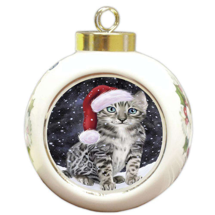 Let it Snow Christmas Holiday Bengal Cat Wearing Santa Hat Round Ball Christmas Ornament RBPOR54277