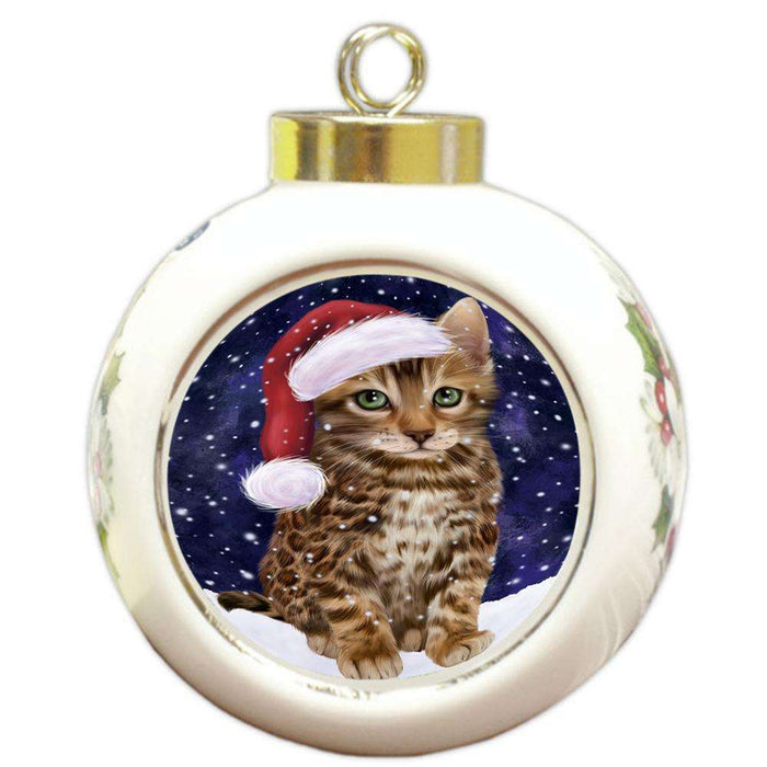 Let it Snow Christmas Holiday Bengal Cat Wearing Santa Hat Round Ball Christmas Ornament RBPOR54278