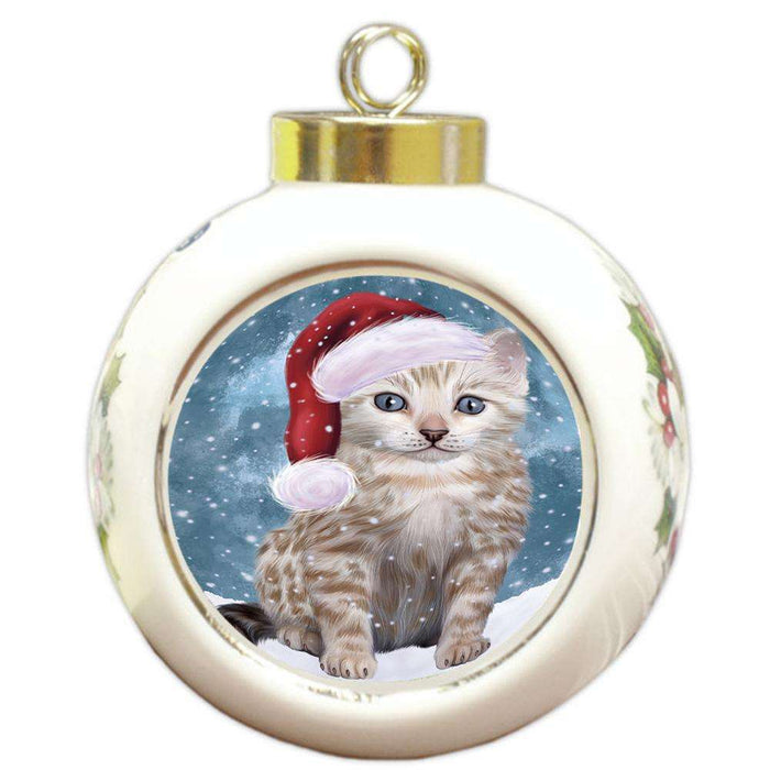 Let it Snow Christmas Holiday Bengal Cat Wearing Santa Hat Round Ball Christmas Ornament RBPOR54279