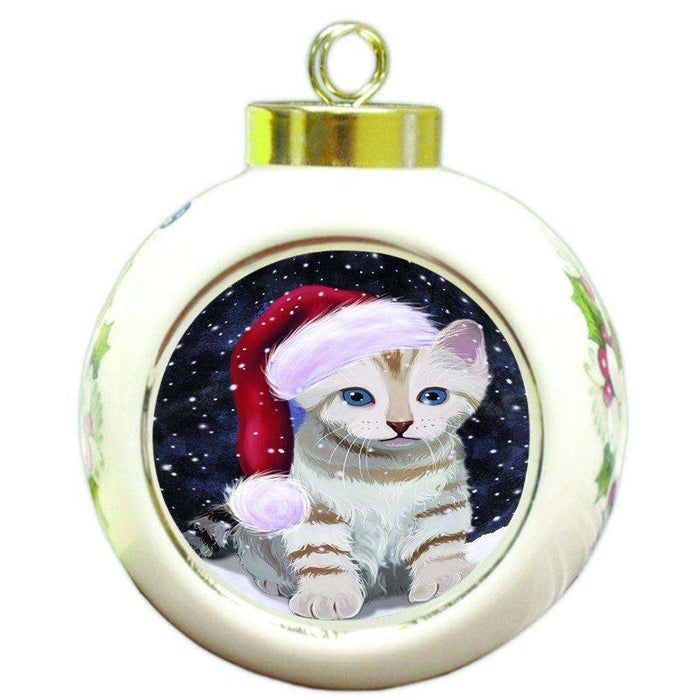 Let it Snow Christmas Holiday Bengal Cat Wearing Santa Hat Round Ball Ornament D310