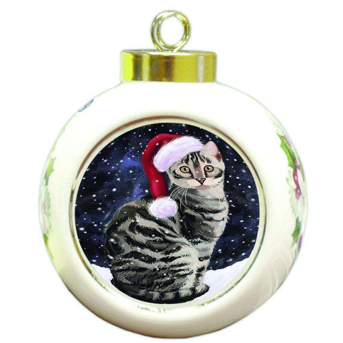 Let it Snow Christmas Holiday Bengal Cat Wearing Santa Hat Round Ball Ornament D311